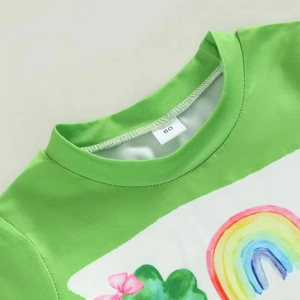 St. Patrick's Festival Girls Shamrock Printed T-Shirt Short Sleeve Flared Pants Set Wholesale Girls Clothes