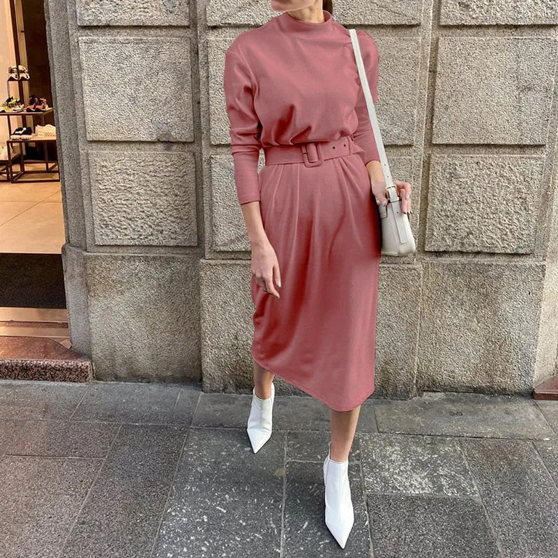 Straight Knitted Long Sleeve Midi Solid Belt Office Dress