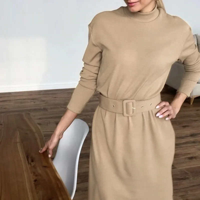 Straight Knitted Long Sleeve Midi Solid Belt Office Dress