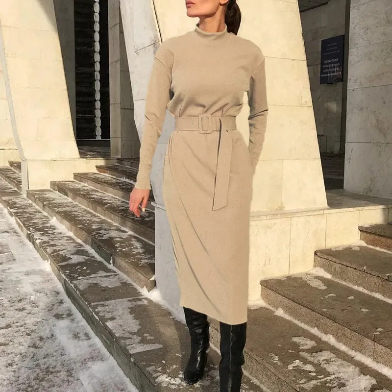 Straight Knitted Long Sleeve Midi Solid Belt Office Dress