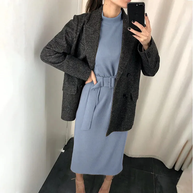 Straight Knitted Long Sleeve Midi Solid Belt Office Dress