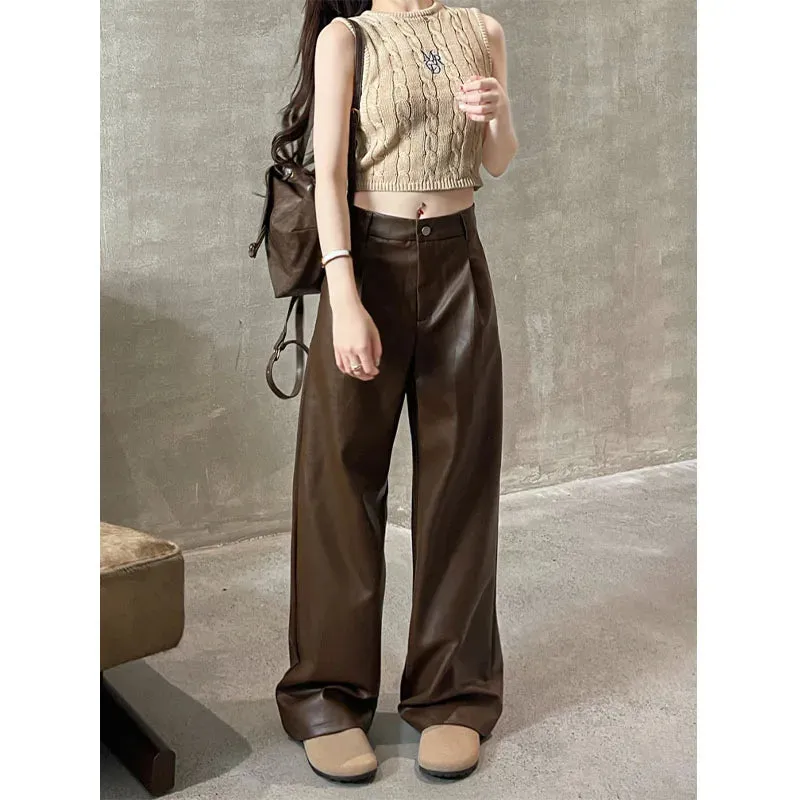 Straight Patent Leather Red Streetwear Autumn Casual Women’s Pants