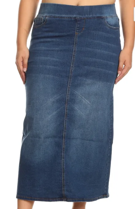 Stretch Denim Straight Long Skirt Elastic Waistband (Plus)