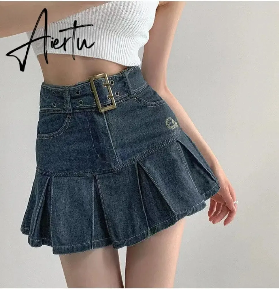 Summer New Denim Short Skirt Women Retro Sexy High Waist A-line Pleated Skirt Ladies Korean Fashion Hot Girl Style Skirt