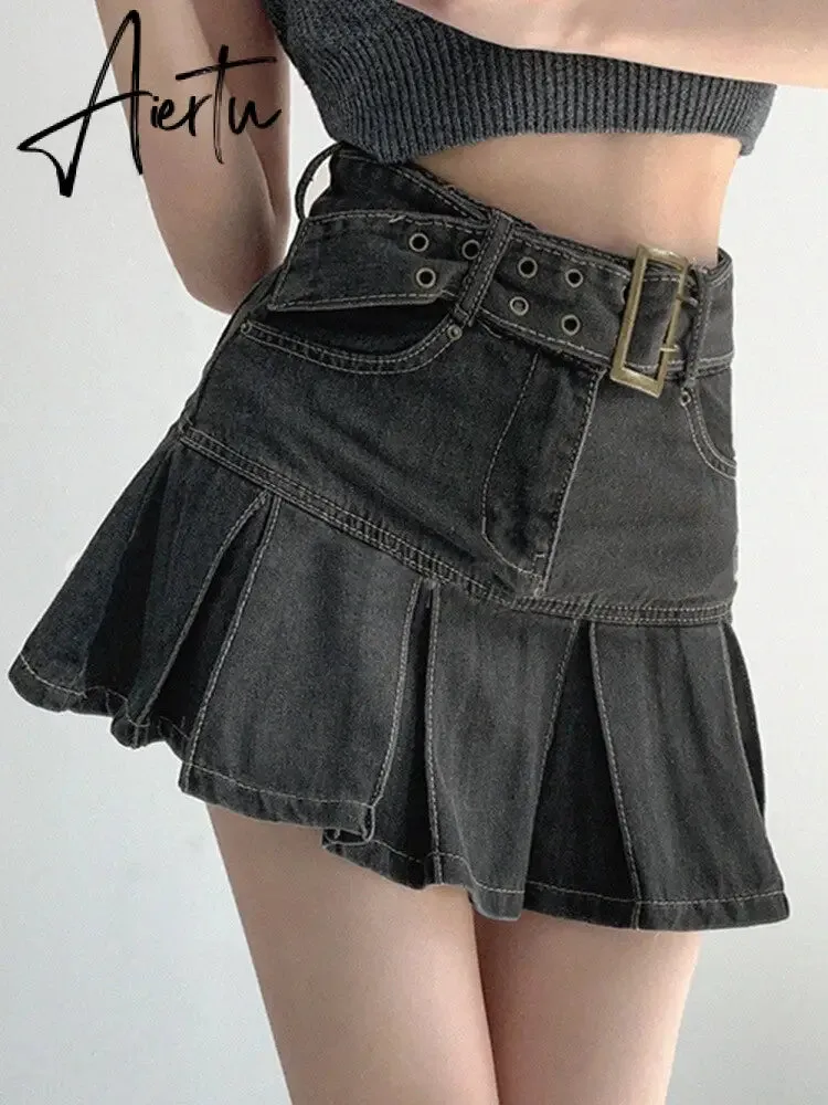 Summer New Denim Short Skirt Women Retro Sexy High Waist A-line Pleated Skirt Ladies Korean Fashion Hot Girl Style Skirt