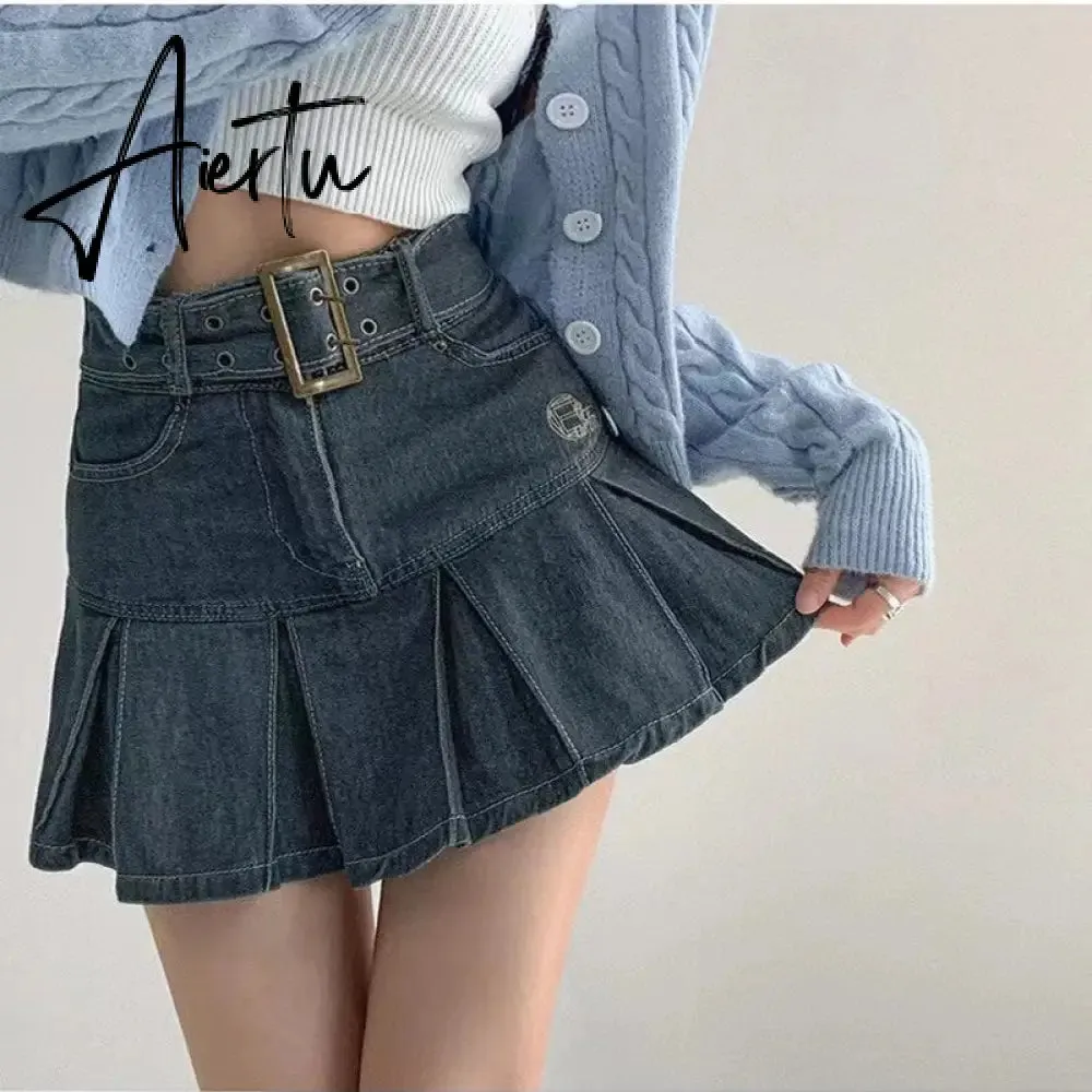 Summer New Denim Short Skirt Women Retro Sexy High Waist A-line Pleated Skirt Ladies Korean Fashion Hot Girl Style Skirt