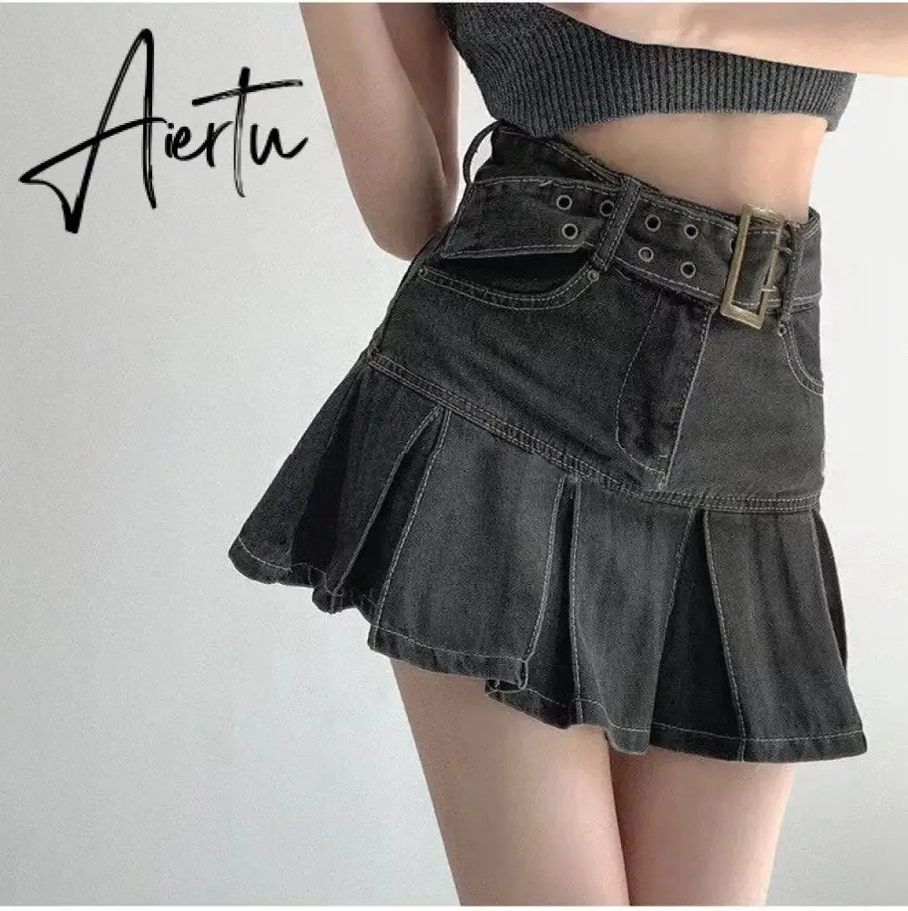 Summer New Denim Short Skirt Women Retro Sexy High Waist A-line Pleated Skirt Ladies Korean Fashion Hot Girl Style Skirt