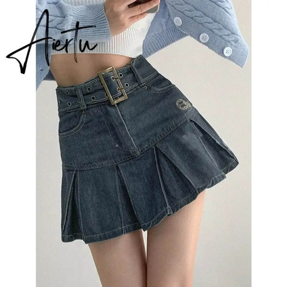 Summer New Denim Short Skirt Women Retro Sexy High Waist A-line Pleated Skirt Ladies Korean Fashion Hot Girl Style Skirt