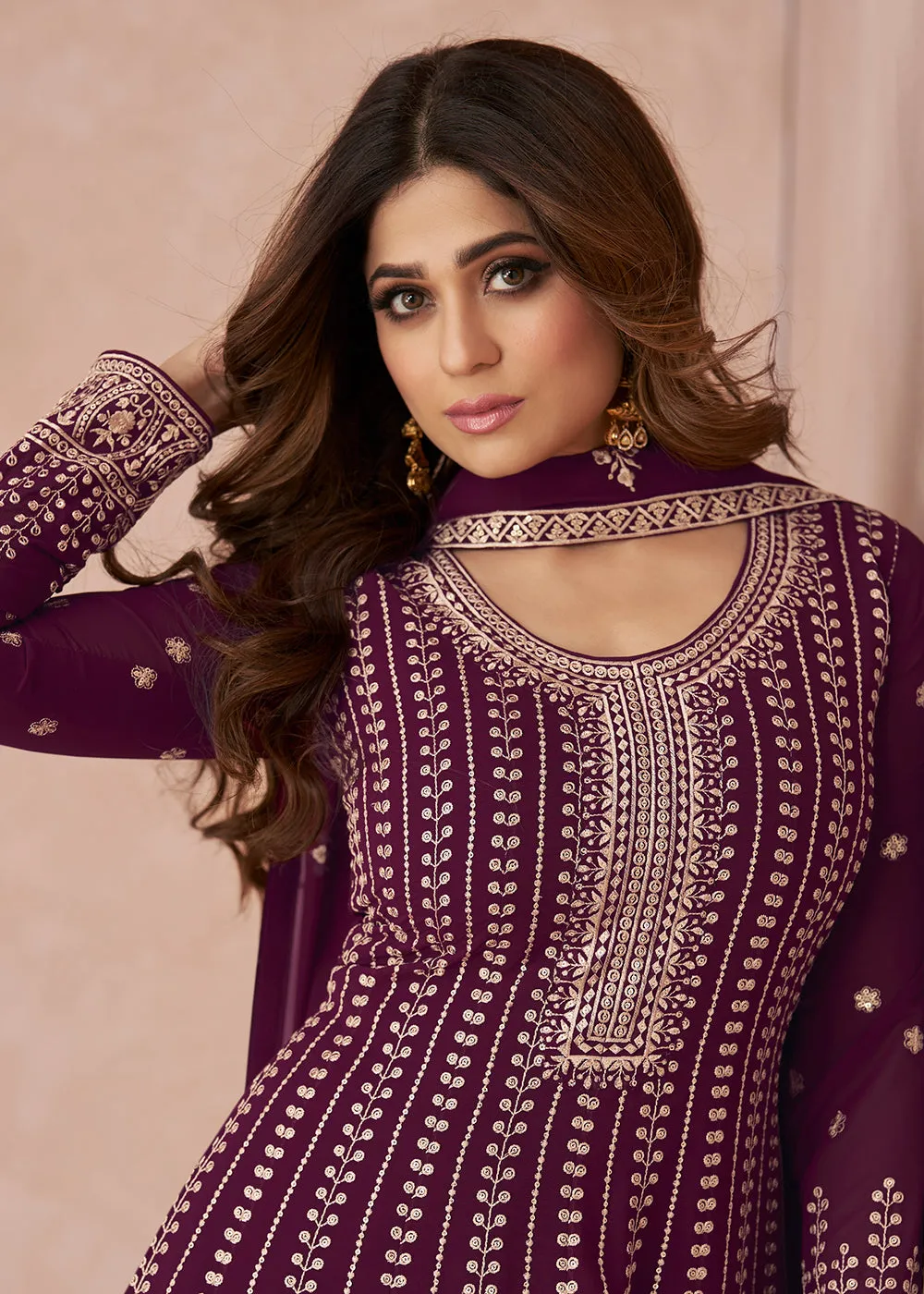 Supreme Festive Look Purple Georgette Palazzo Style Suit