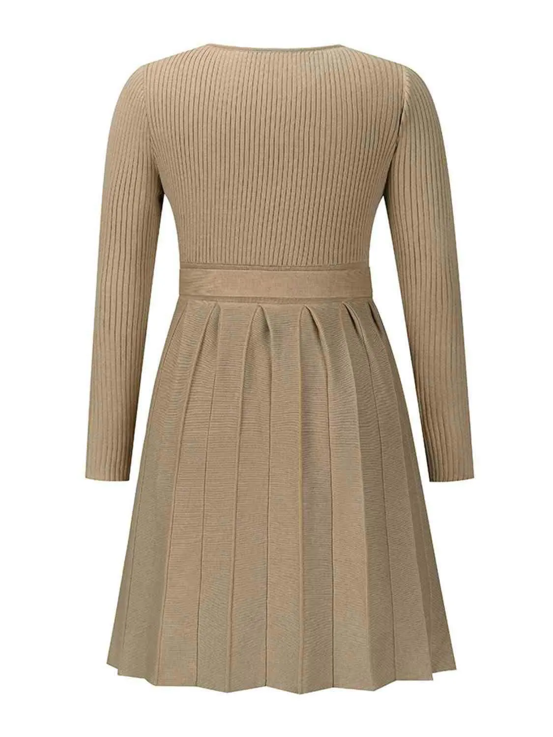 Surplice Neck Tie Front Pleated Sweater Dress