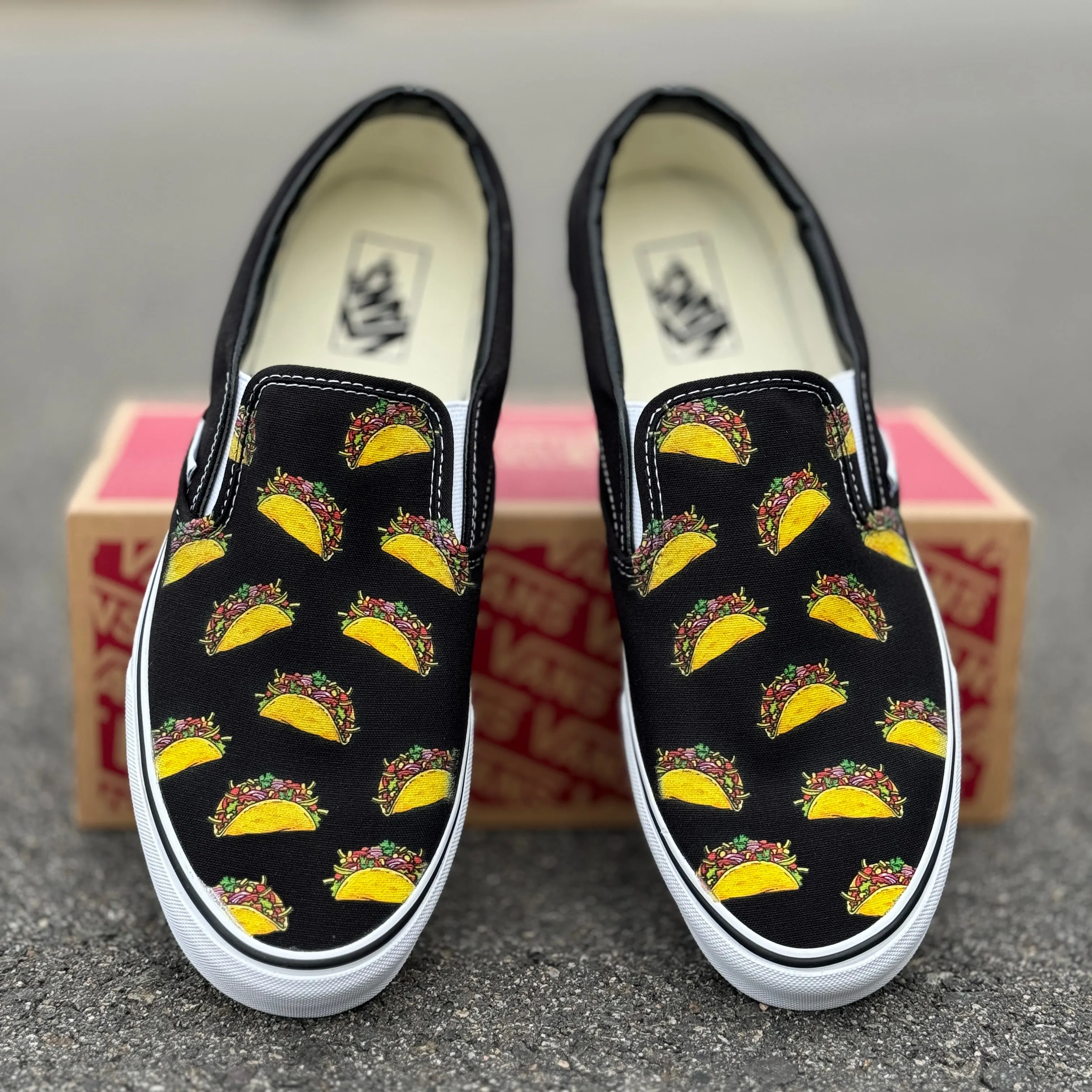 Tacos on Custom Black Slip On Vans Shoes for Women and Men