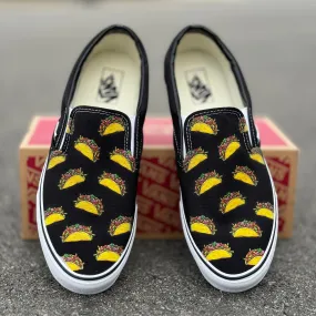 Tacos on Custom Black Slip On Vans Shoes for Women and Men