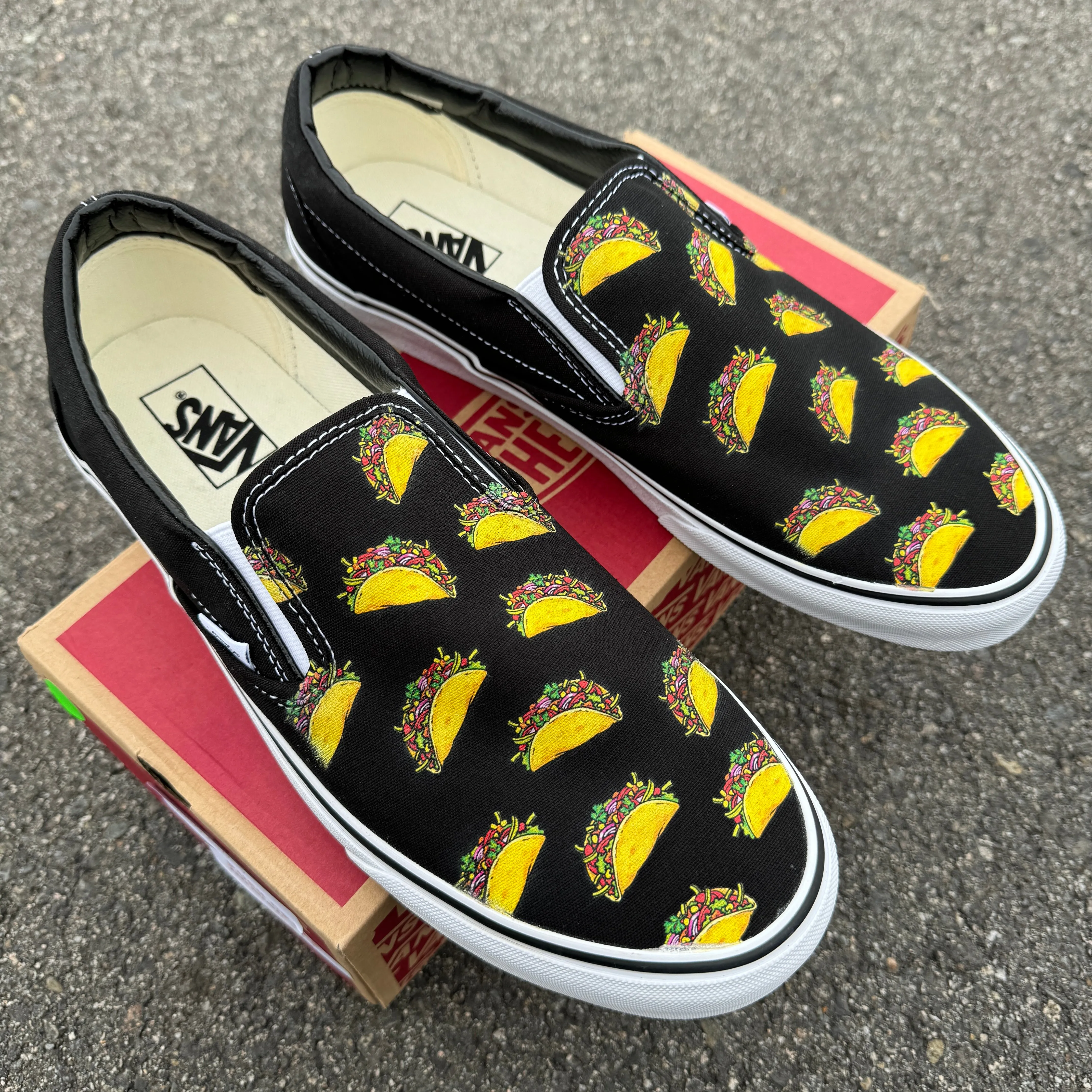 Tacos on Custom Black Slip On Vans Shoes for Women and Men