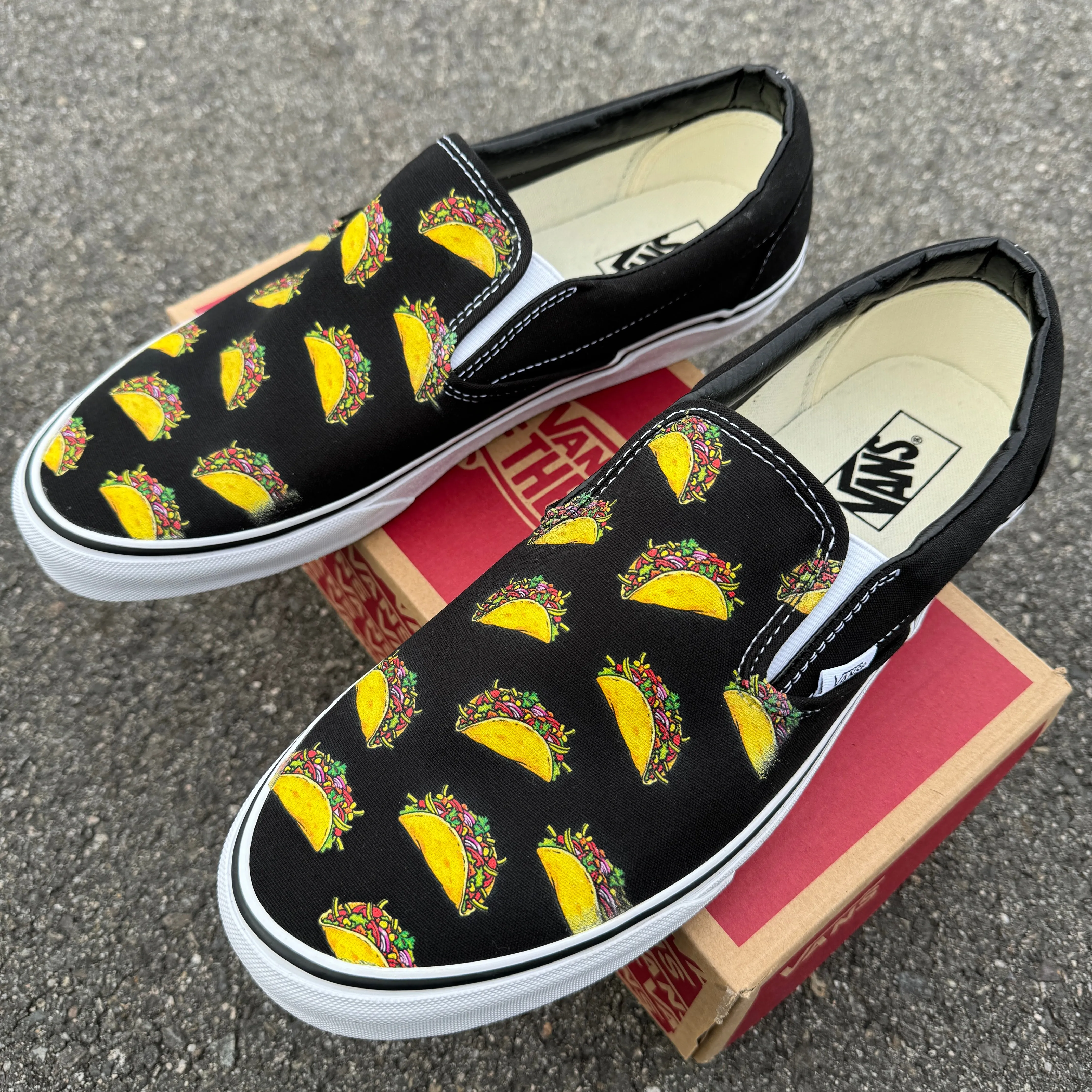 Tacos on Custom Black Slip On Vans Shoes for Women and Men