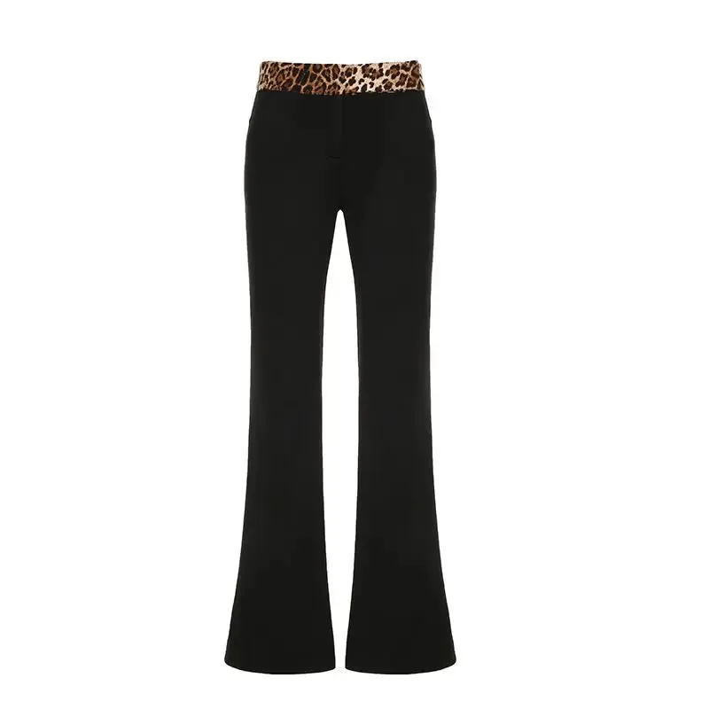 TAVIMART  -  Leopard Print Patchwork Low Waist Flared Pants For Women To Slim Down Fashionable 2024 Spring Casual Solid Color Trousers