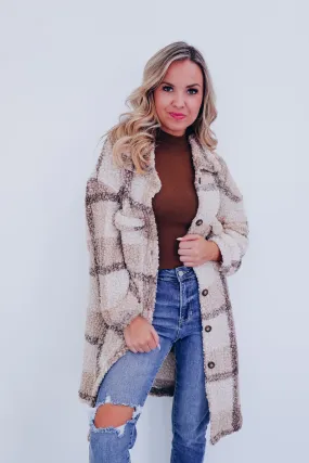 Teddy Long Line Plaid Sherpa Shacket - Mocha