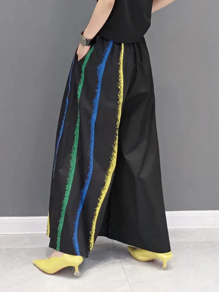 TEEK - Black Color-block Striped Wide Leg Pants