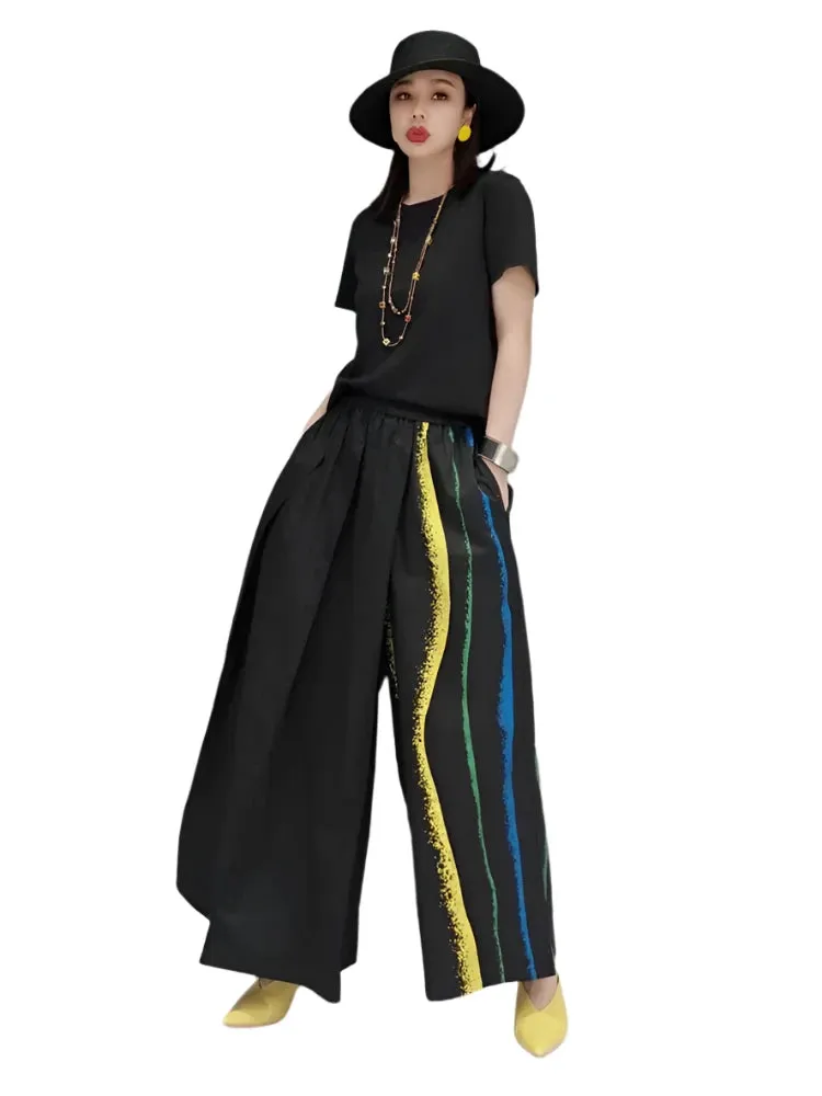 TEEK - Black Color-block Striped Wide Leg Pants