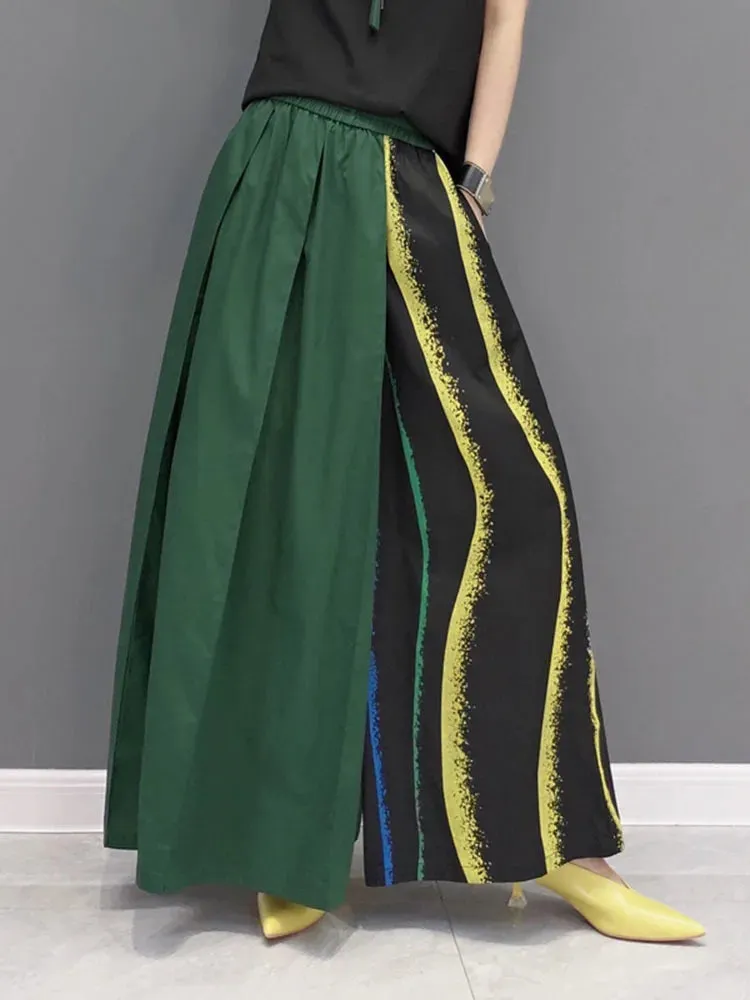 TEEK - Black Color-block Striped Wide Leg Pants