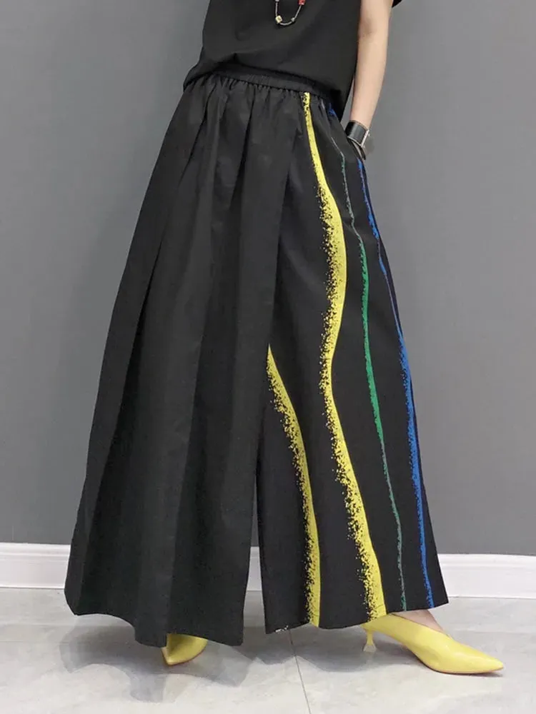 TEEK - Black Color-block Striped Wide Leg Pants