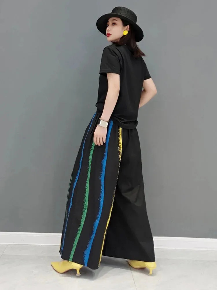 TEEK - Black Color-block Striped Wide Leg Pants