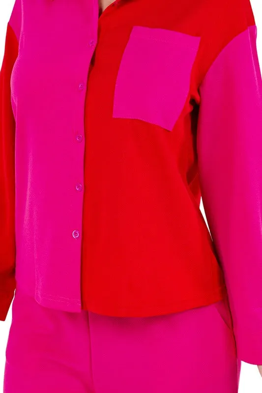 TEEK - FUCHSIA COLOR BLOCK BUTTONED TWO PIECE SET