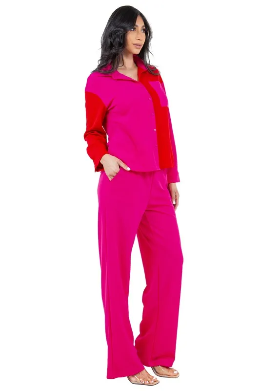 TEEK - FUCHSIA COLOR BLOCK BUTTONED TWO PIECE SET