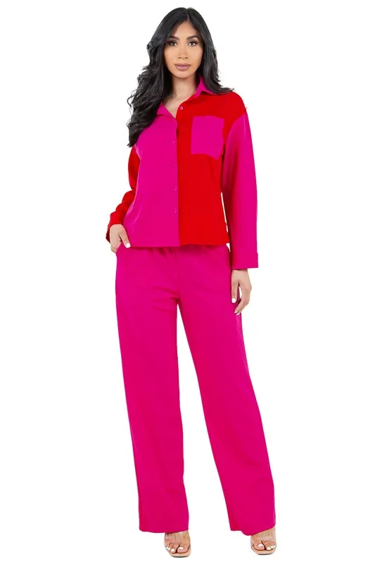 TEEK - FUCHSIA COLOR BLOCK BUTTONED TWO PIECE SET