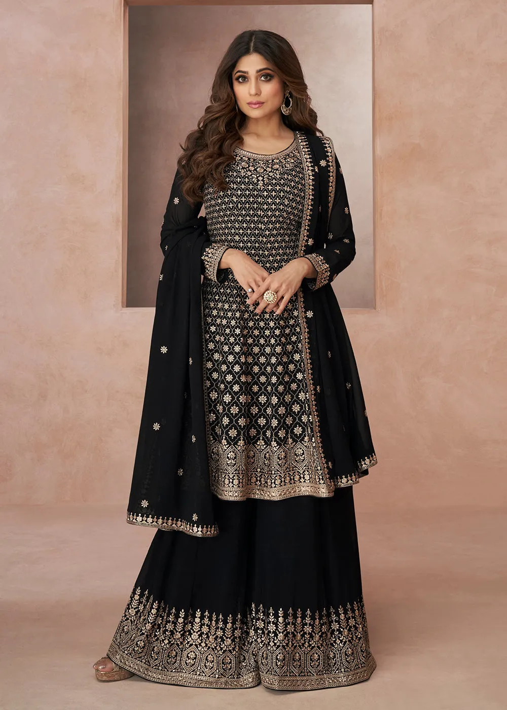 Tempting Festive Look Black Georgette Palazzo Style Suit