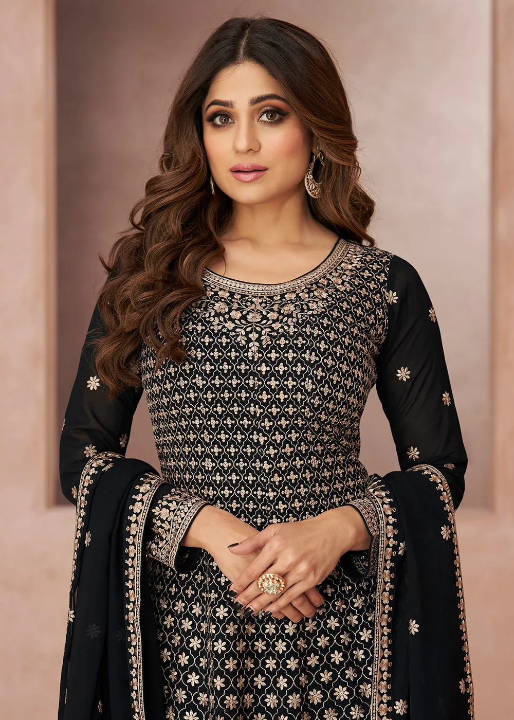 Tempting Festive Look Black Georgette Palazzo Style Suit