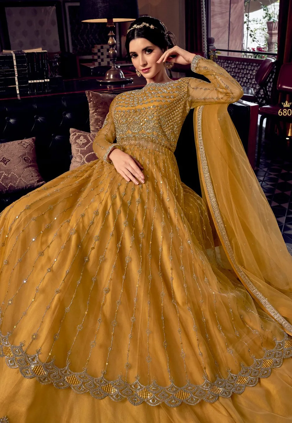 Tempting Yellow Net Embroidered Designer Anarkali Suit