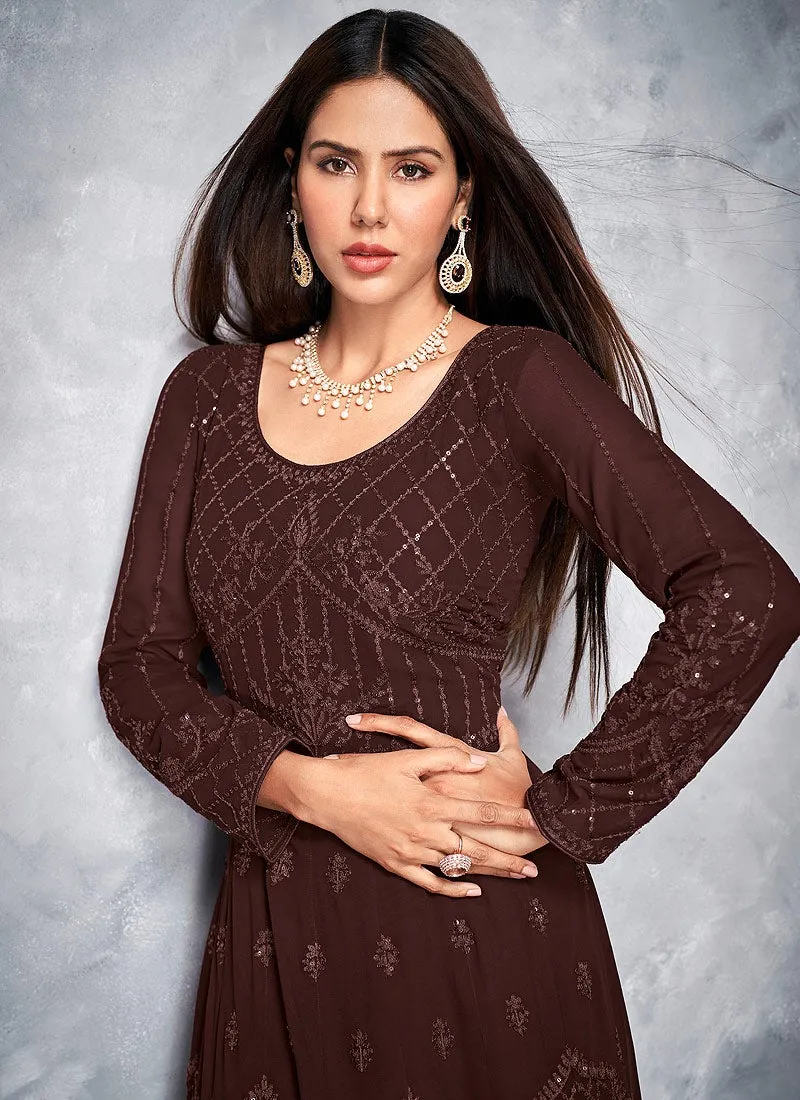 Thread Embroidered Brown Georgette Anarkali Suit