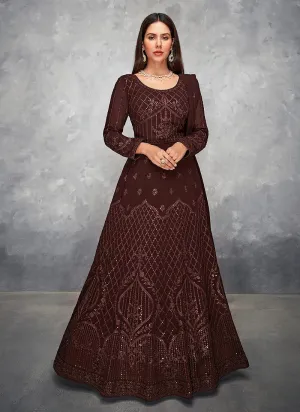 Thread Embroidered Brown Georgette Anarkali Suit