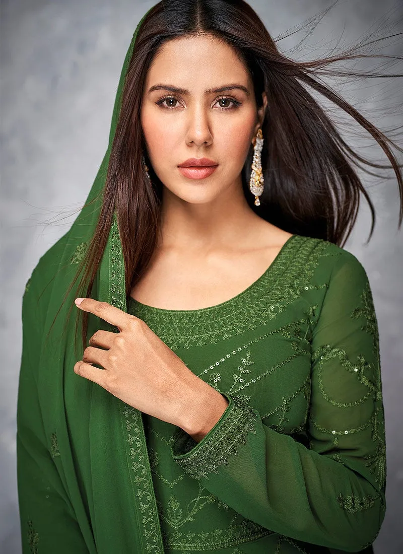 Thread Embroidered Green Georgette Anarkali Suit