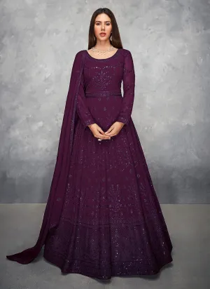 Thread Embroidered Purple Georgette Anarkali Suit