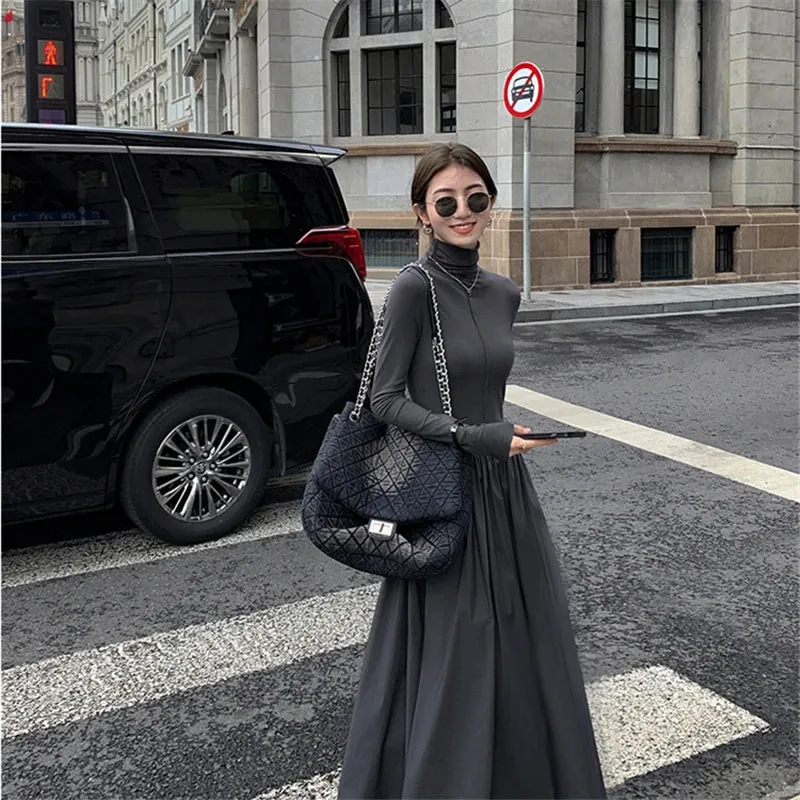 Toleet-New Autumn Winter French Vintage Black Women Midi Dresses Long Sleeved High Collar Slim Office Lady Female Knitted Long Dress