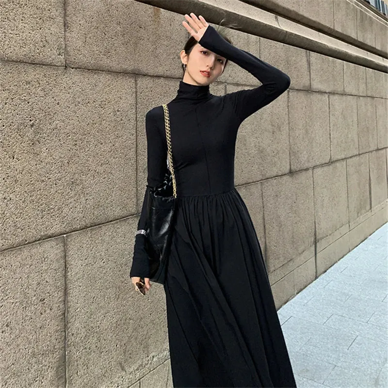 Toleet-New Autumn Winter French Vintage Black Women Midi Dresses Long Sleeved High Collar Slim Office Lady Female Knitted Long Dress