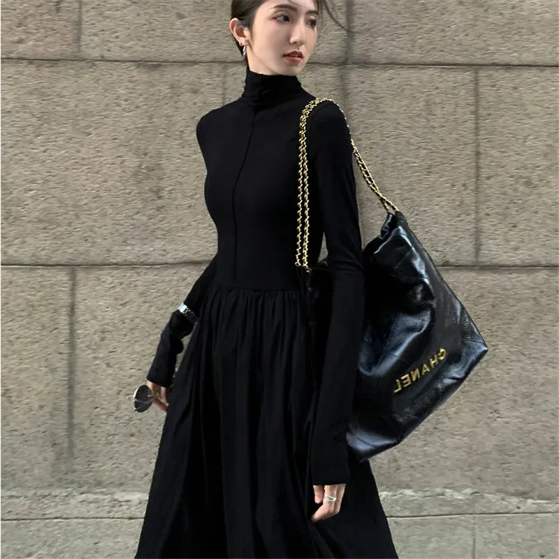 Toleet-New Autumn Winter French Vintage Black Women Midi Dresses Long Sleeved High Collar Slim Office Lady Female Knitted Long Dress