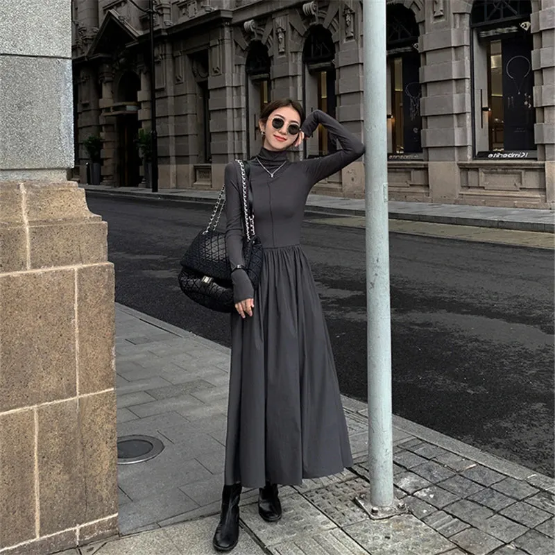 Toleet-New Autumn Winter French Vintage Black Women Midi Dresses Long Sleeved High Collar Slim Office Lady Female Knitted Long Dress