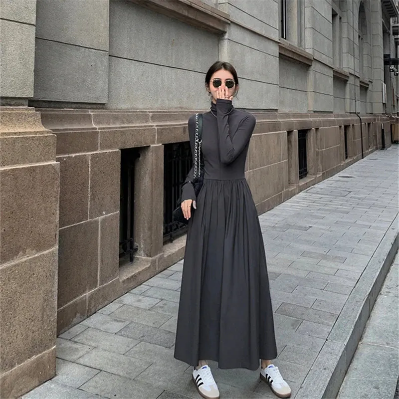 Toleet-New Autumn Winter French Vintage Black Women Midi Dresses Long Sleeved High Collar Slim Office Lady Female Knitted Long Dress