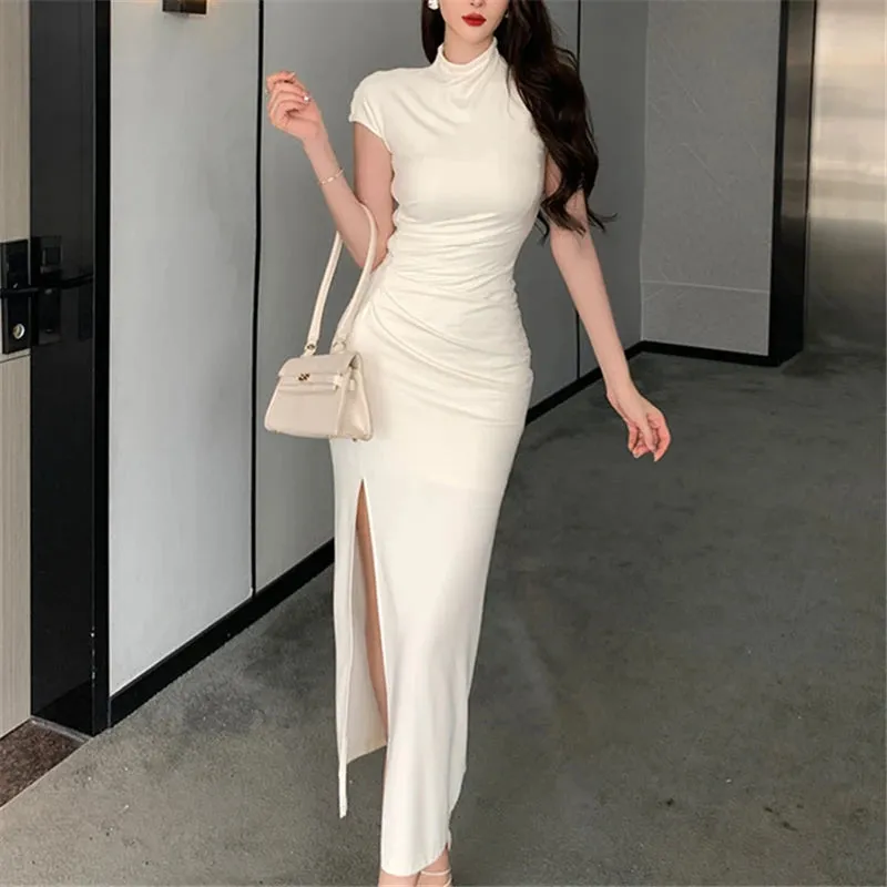 Toleet-Vintage Sexy Slim Bodycon White Long Dress Women New Short Sleeve Party Club Prom Elegant Simple Evening Dresses Summer