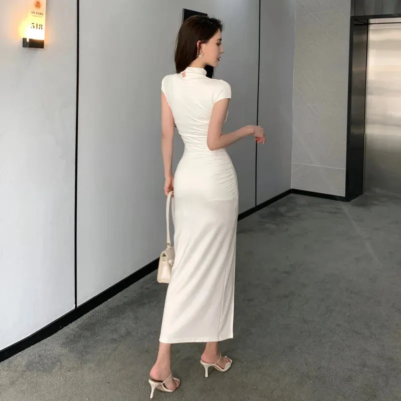 Toleet-Vintage Sexy Slim Bodycon White Long Dress Women New Short Sleeve Party Club Prom Elegant Simple Evening Dresses Summer