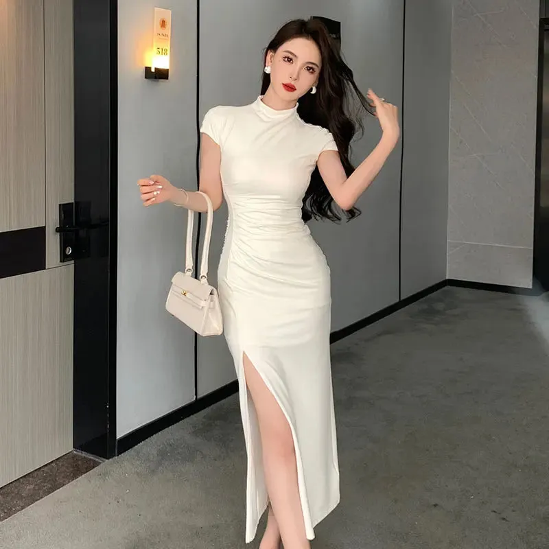 Toleet-Vintage Sexy Slim Bodycon White Long Dress Women New Short Sleeve Party Club Prom Elegant Simple Evening Dresses Summer