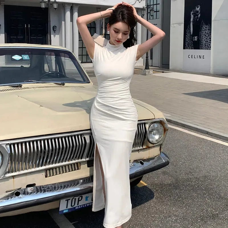 Toleet-Vintage Sexy Slim Bodycon White Long Dress Women New Short Sleeve Party Club Prom Elegant Simple Evening Dresses Summer