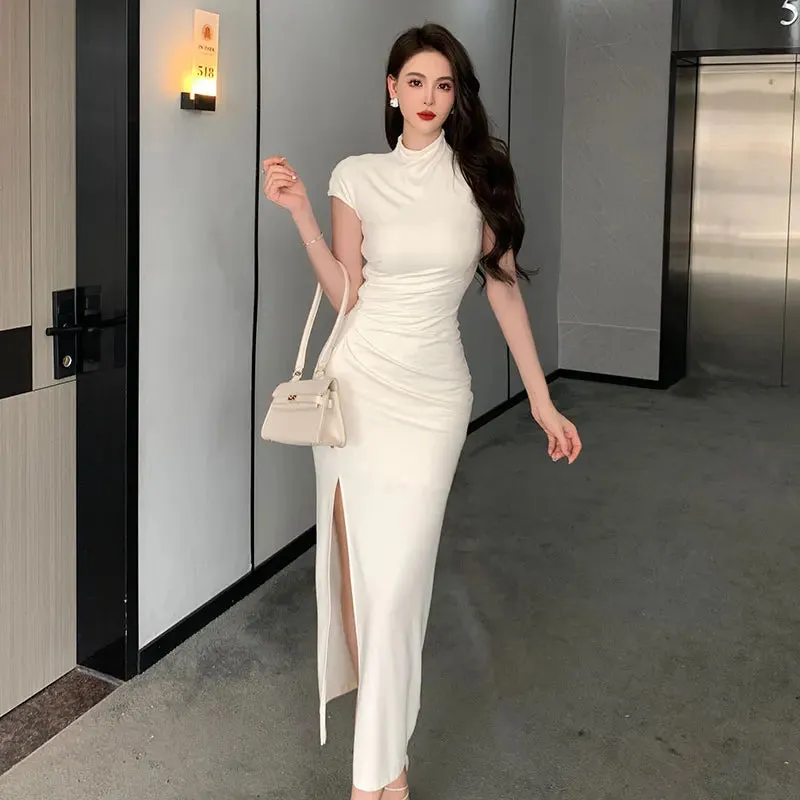 Toleet-Vintage Sexy Slim Bodycon White Long Dress Women New Short Sleeve Party Club Prom Elegant Simple Evening Dresses Summer