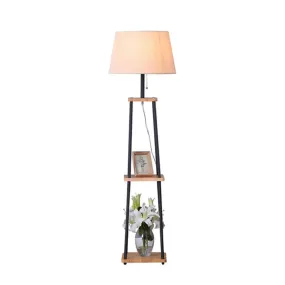 Traditional Fabric Tapered Drum Floor Lamp with 3-Layer Shelf in Black