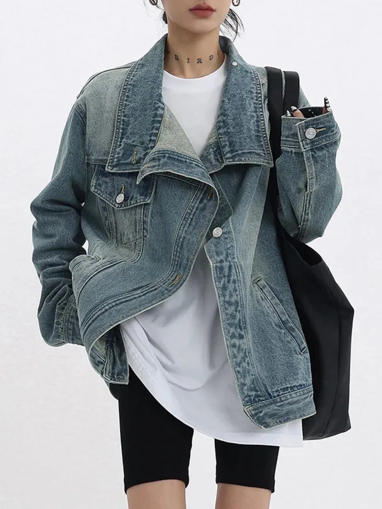 Trendy Denim Turtleneck Full Sleeve Patchwork Jacket