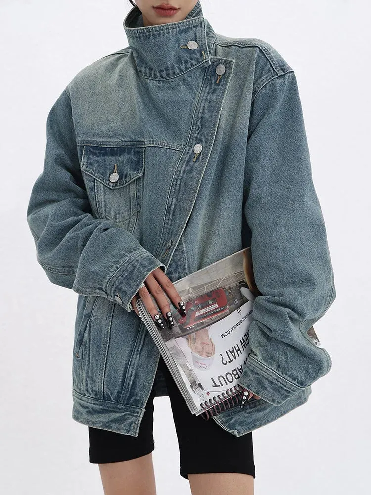 Trendy Denim Turtleneck Full Sleeve Patchwork Jacket