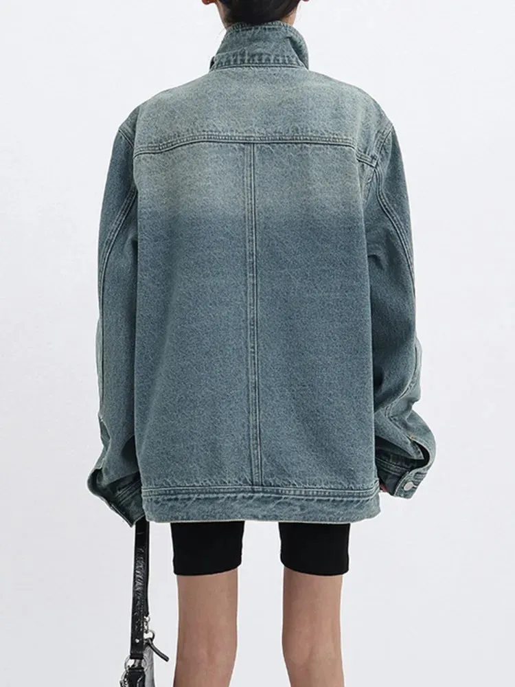 Trendy Denim Turtleneck Full Sleeve Patchwork Jacket