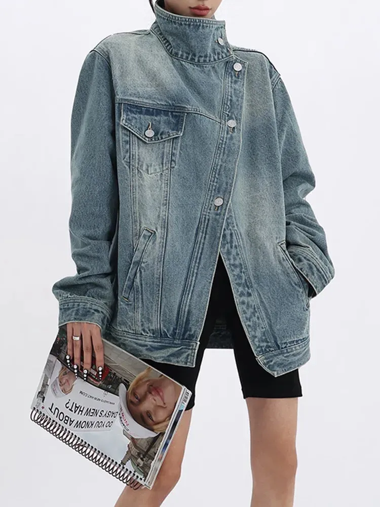 Trendy Denim Turtleneck Full Sleeve Patchwork Jacket